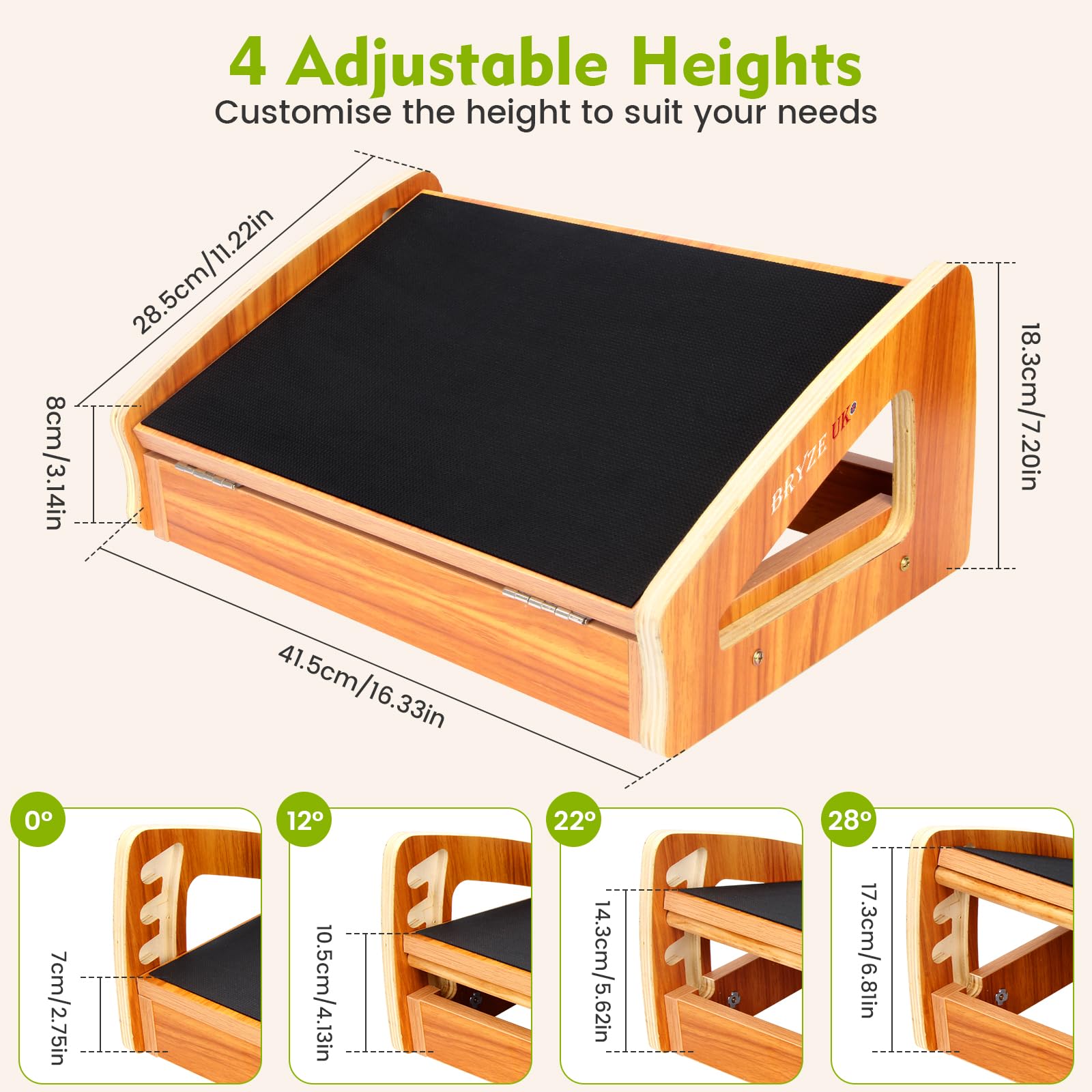 Ergonomic Under Desk Footrest, Adjustable Wooden Office Footrest with 3 Heights, Large Anti-Slip Surface, Supports Posture & Blood Circulation