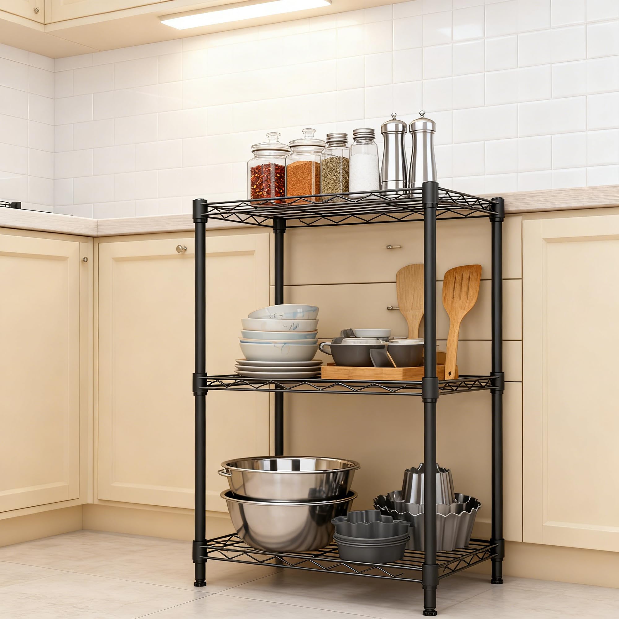 M MZG Storage Shelves 3 Tier Heavy Duty Metal Storage Unit With Levelling Feet Organizer for Garage, Laundry, Kitchen 30 x 45 x 73.2 cm Black