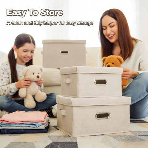CHUNGG 3 PCS Large Fabric Storage Boxes with Lid, Wardrobe Organiser Cube Boxes with Handle with Lids