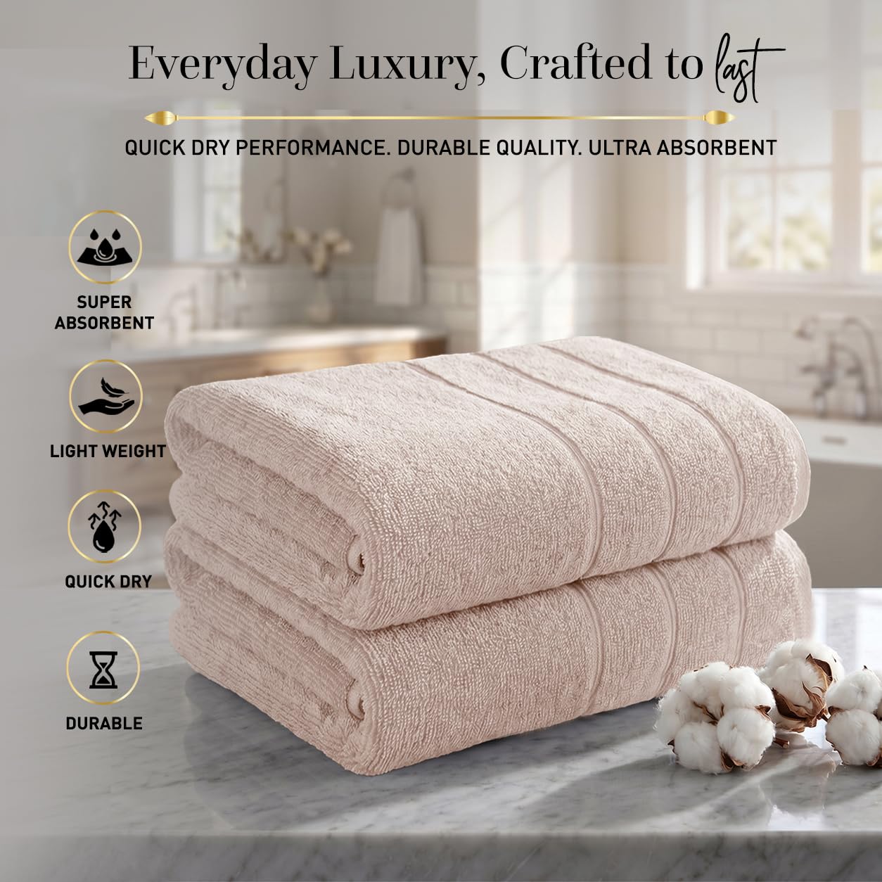 Large Bath Towels Set of 2 I 100% Cotton I Bathroom Towels I Beige