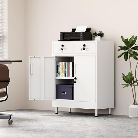 JINGUR Metal Storage Cabinet with Locking Doors and 2 Drawers (White)