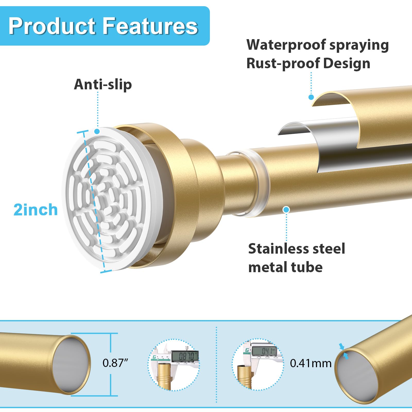 Shower Curtain Pole Extendable Curtain Poles 79-195 Cm Tension Rods For Curtains Extendable No Drill Shower Curtain Rail Non-Slip Gold Shower Pole