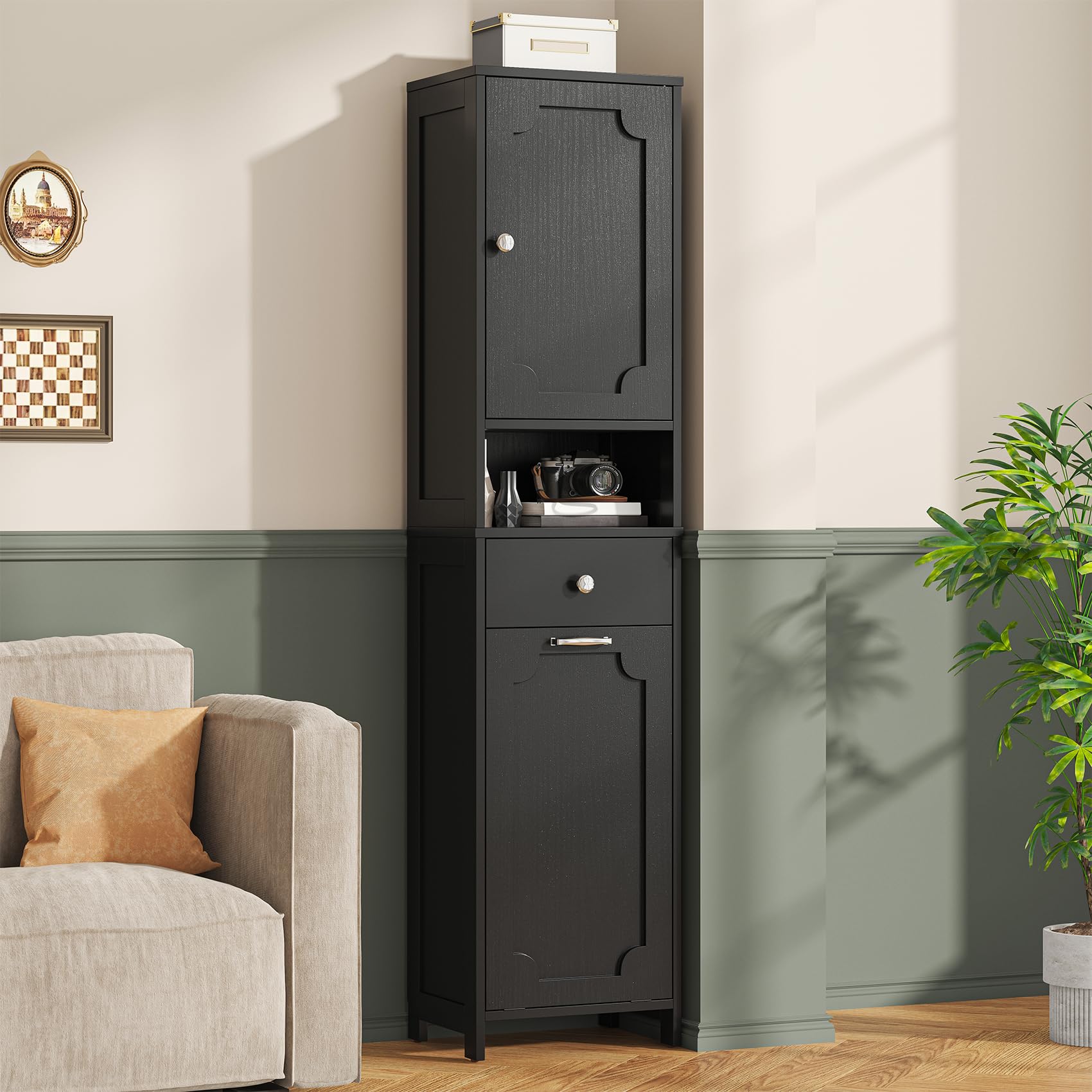 Feonase Tall Wooden Bathroom Cabinet with Single-Door Storage– 2-Tier Fixed Shelves, Open Middle Shelf