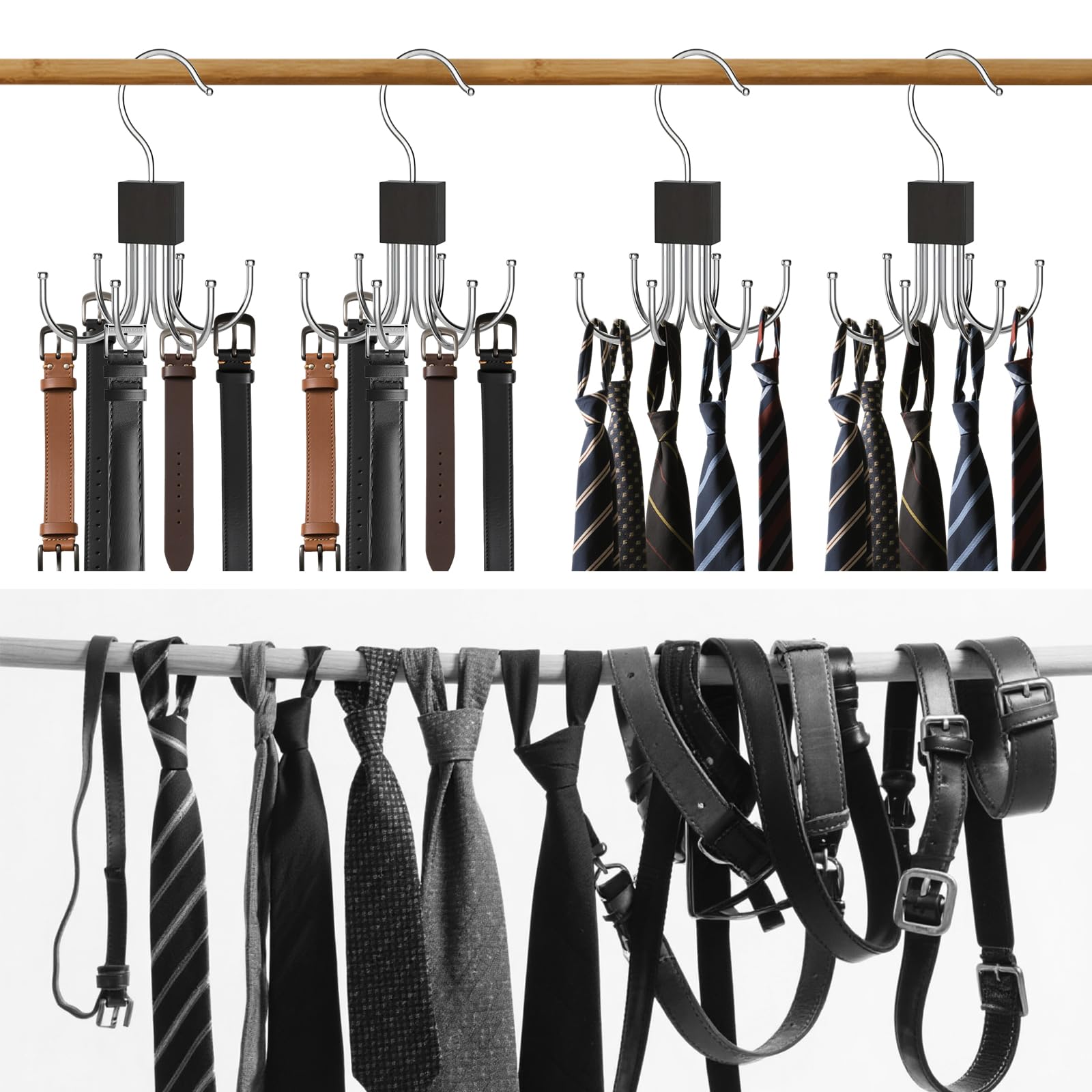 2Pcs Belt Hanger for Closet, Belt Hanger for Wardrobe, Rotatable Hanging Holder with 6 Hooks