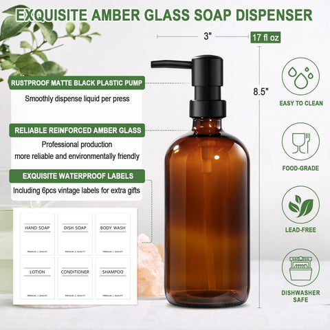 Hand Soap Dispenser,500ml Brown Glass Soap Dispensers, Washing Up Liquid Dispenser, Amber Glass Soap Dispensers Bottle with Pump And Label