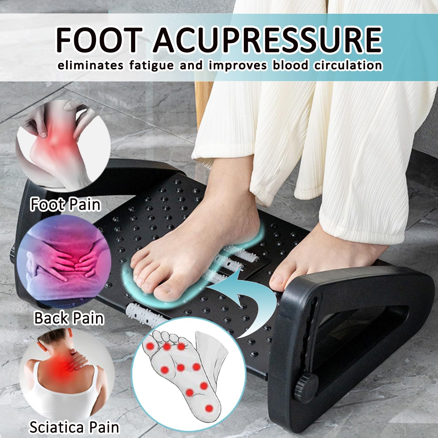 Adjustable Office Foot Rest Under Desk, Egonomic Foot Stool with Large Roller Massager Function