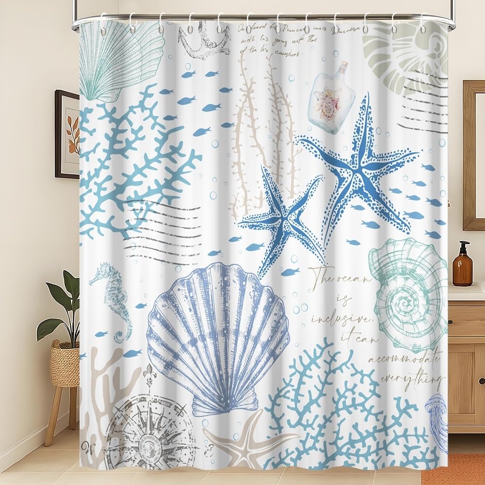 Xiaoterna Summer Marine Life White Shower Curtain Retro Nautical Coast Starfish Shell Coral Seahorse Waterproof Polyester Bathroom Curtain Underwater