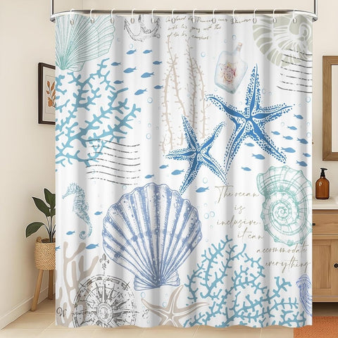Xiaoterna Summer Marine Life White Shower Curtain Retro Nautical Coast Starfish Shell Coral Seahorse Waterproof Polyester Bathroom Curtain Underwater