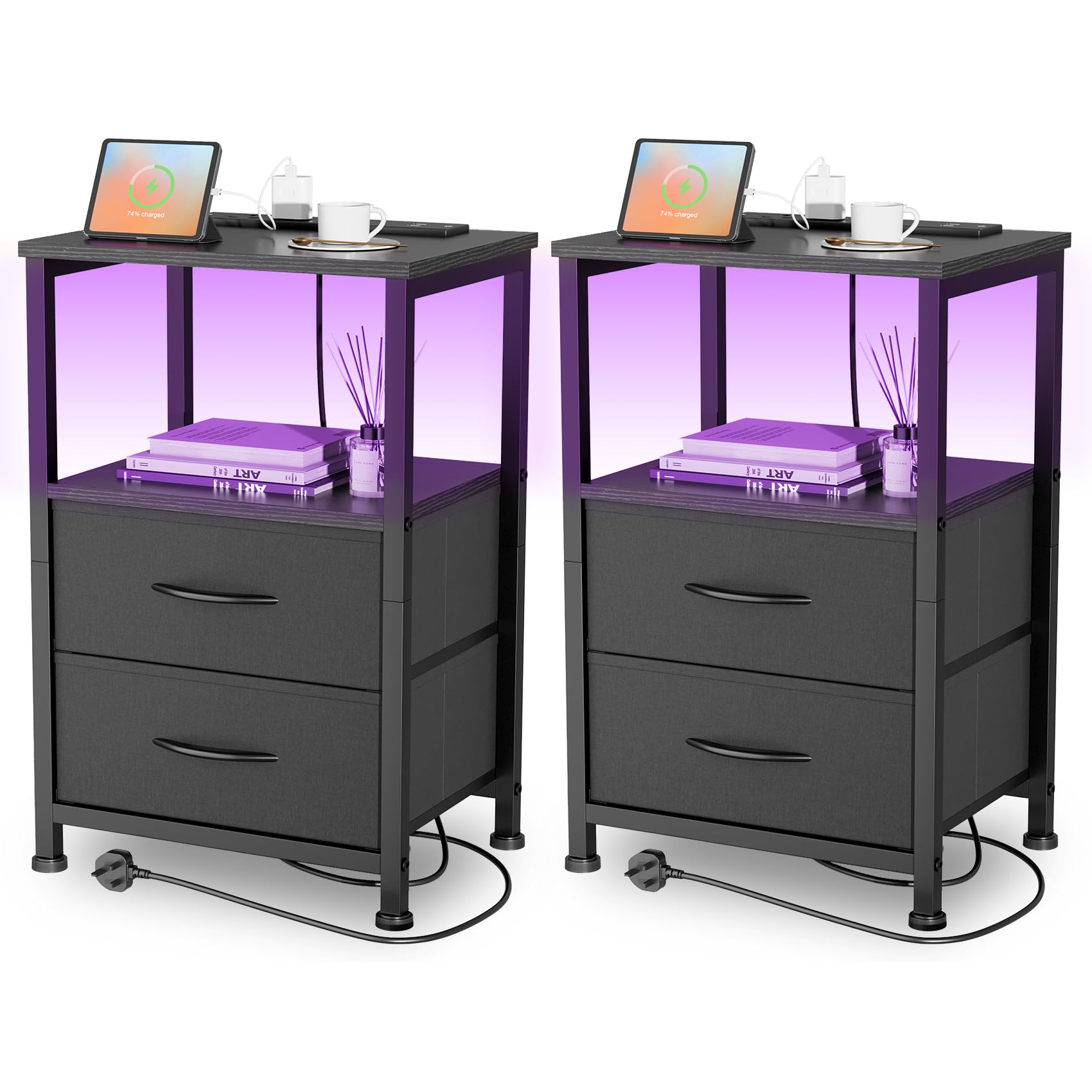 Yornoli Set of 2 Bedside Table with Charging Station 40cm Wide Bed Side Table for Bedroom with Fabric Drawers Small End Tables with Led Lights for