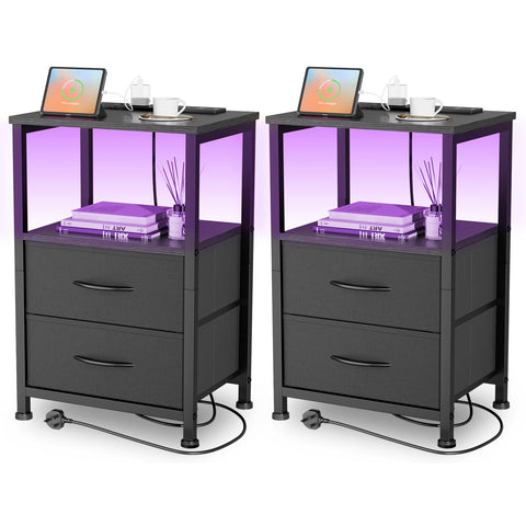 Yornoli Set of 2 Bedside Table with Charging Station 40cm Wide Bed Side Table for Bedroom with Fabric Drawers Small End Tables with Led Lights for