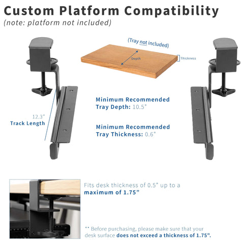 VIVO Clamp and 12 inch Rail Set for DIY Custom Wooden Keyboard Trays (Tray Not Included)