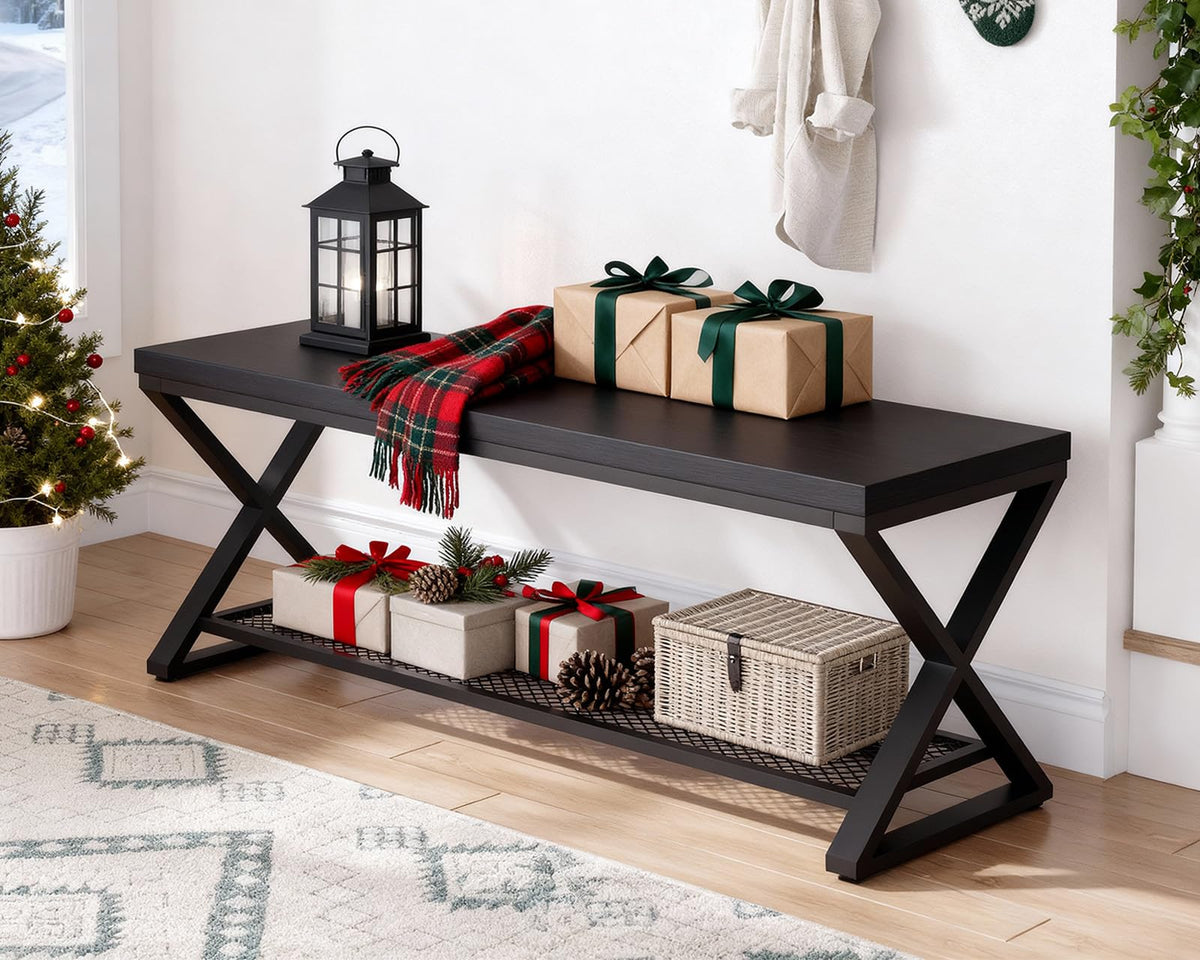 LVB Black Industrial Entryway Bench with Storage, Indoor Wood and Metal Storage Bench for Living Room Bedroom