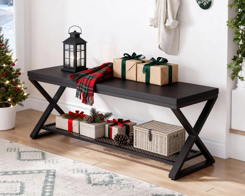 LVB Black Industrial Entryway Bench with Storage, Indoor Wood and Metal Storage Bench for Living Room Bedroom