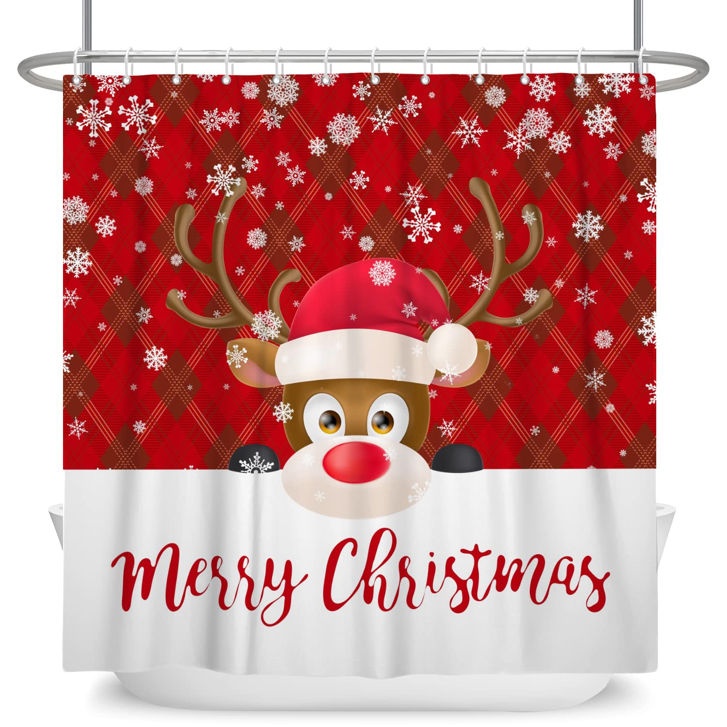 SDOTPMT 140x183cm Cute Cartoon Reindeer with Red Hat Shower Curtain Merry Christmas Festive Red Grids Bath Curtain Winter Holiday Snowflakes Shower