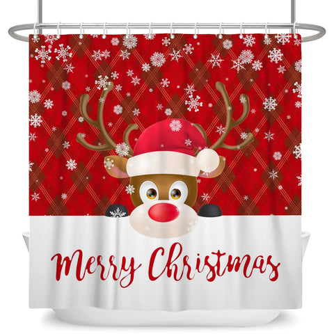 SDOTPMT 140x183cm Cute Cartoon Reindeer with Red Hat Shower Curtain Merry Christmas Festive Red Grids Bath Curtain Winter Holiday Snowflakes Shower
