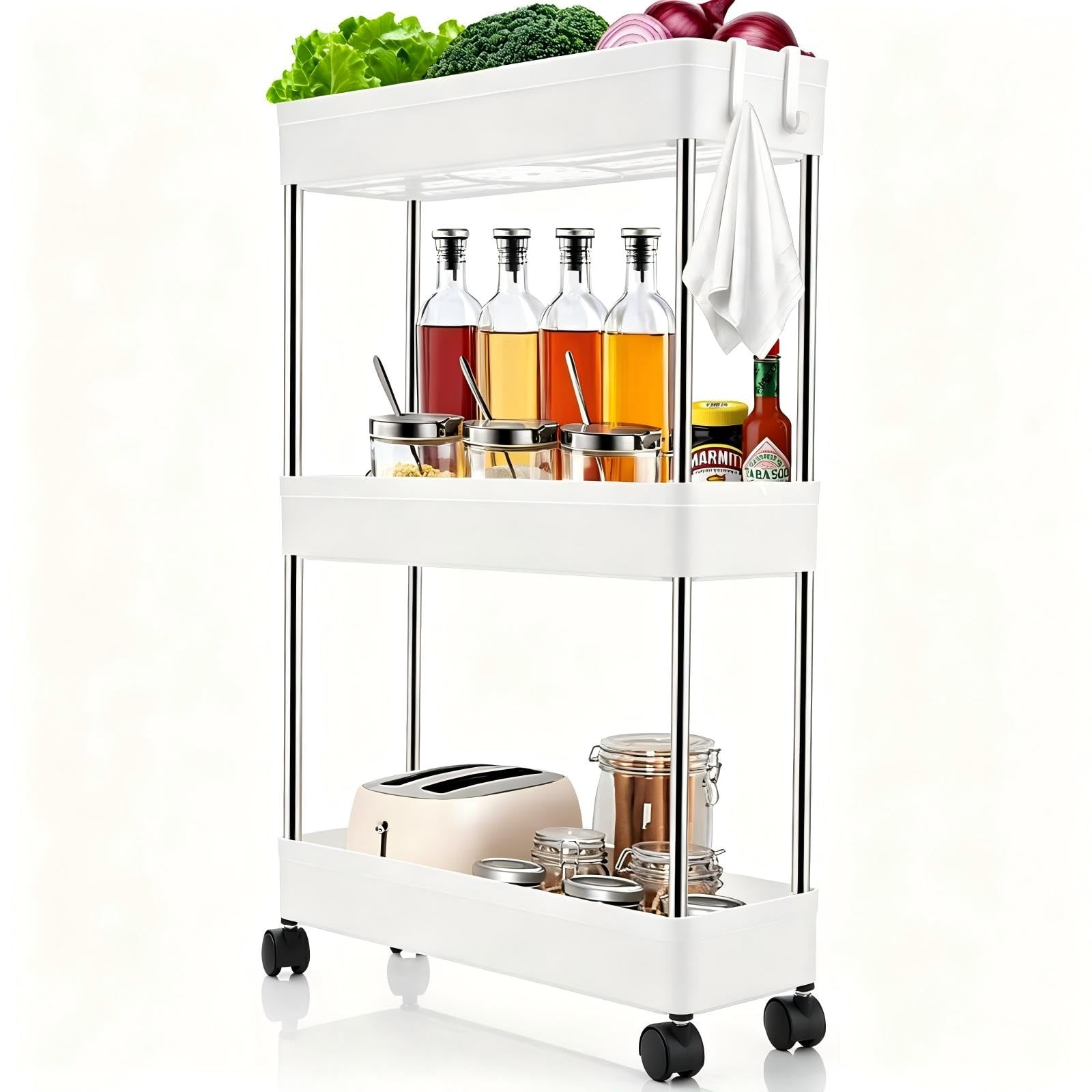 Multibao 3 Tier Slim Slide Out Kitchen Trolley Rack Holder Storage Shelf Organiser with Wheels for Small Spaces Bathroom Kitchen Laundryroom Bedroom