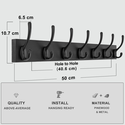 HONSKY Wall Coat Rack with 7 Double Hooks,50cm Wall Coat Hook,Wooden Coat and Towel Hanger Storage for Entryway, Bathroom, Bedroom