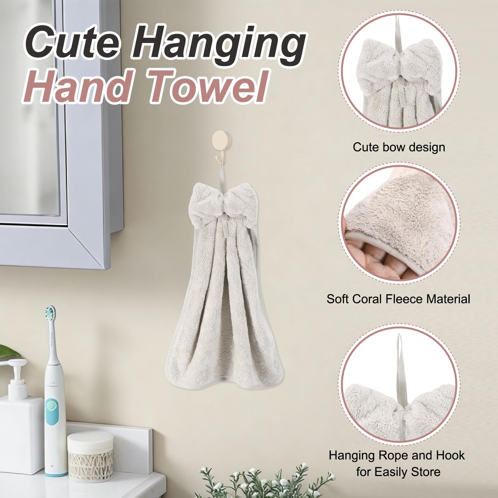 sourcing map 4Pcs Bow Hand Towels with Hanging Loop, 14.2" x 12.2" Soft Coral Fleece Microfiber Bowknot Hanging Hand Dry Towels Quick Dry and