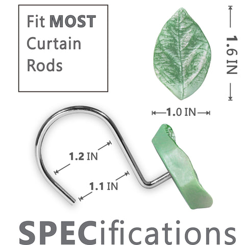 12Pcs Green Shower Curtain Hooks, Leaf Decorative Hooks with Rust-Resistant Metal Hooks