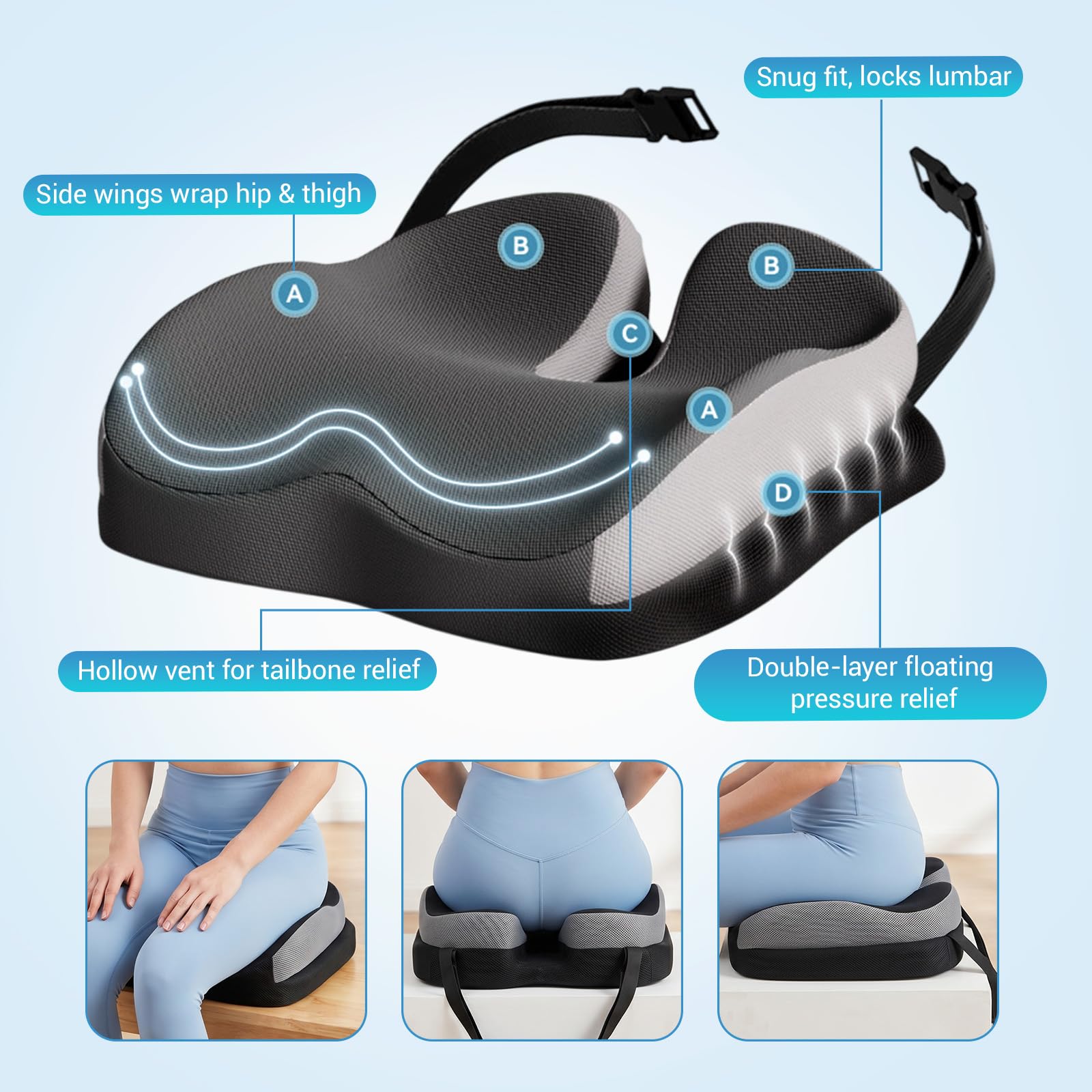 zxevg Coccyx Cushion Memory Foam Non-Slip Black