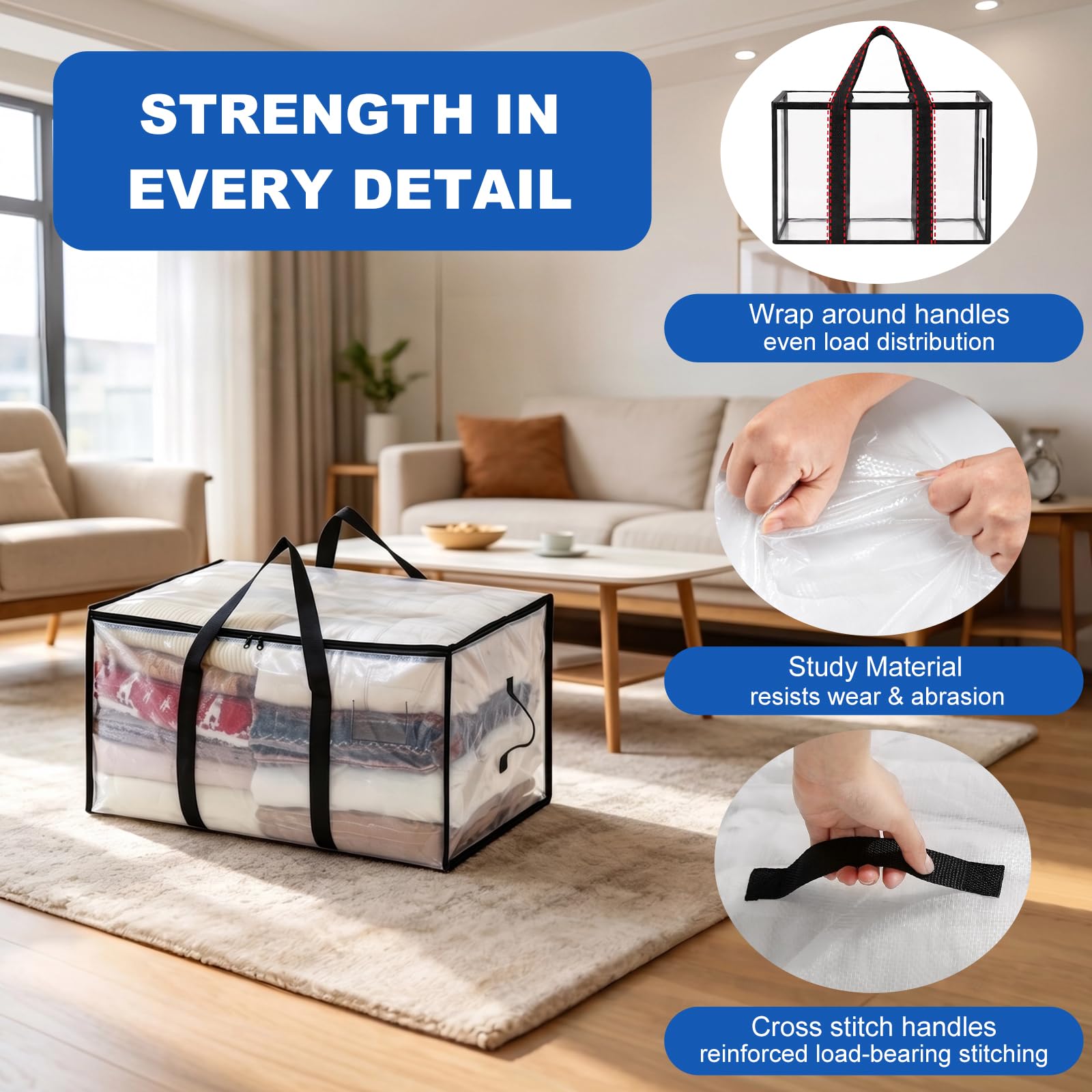 2 Pack Clothes Storage Bags with Zips, 94L Heavy Duty Clear Moving Bags