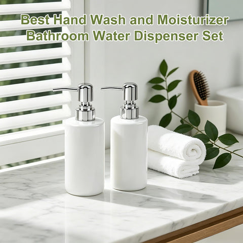 2Pcs Soap Dispenser,300ml Ceramic Cylindrical Bottle with Long Spout – Rustproof Pump, Refillable, Sturdy – Versatile for Shampoo, Lotion, Bath Milk