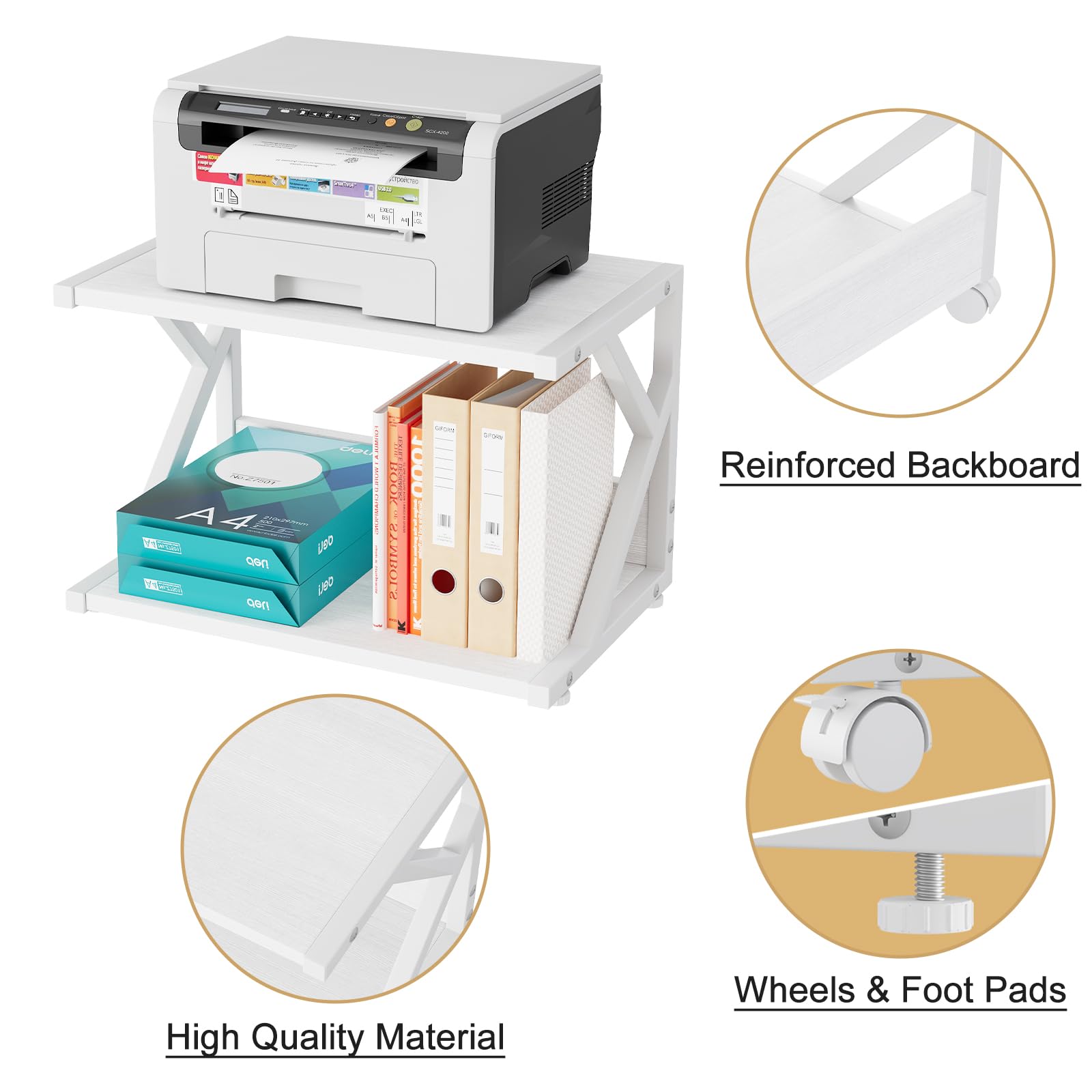 Garden 4 you 2 Tier Desktop Printer Stand,Under Desk Printer Trolley, Multi-Purpose Printer Cart Organizer,Wooden Storage Shelf with 4 Wheels for