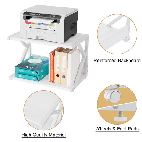 Garden 4 you 2 Tier Desktop Printer Stand,Under Desk Printer Trolley, Multi-Purpose Printer Cart Organizer,Wooden Storage Shelf with 4 Wheels for
