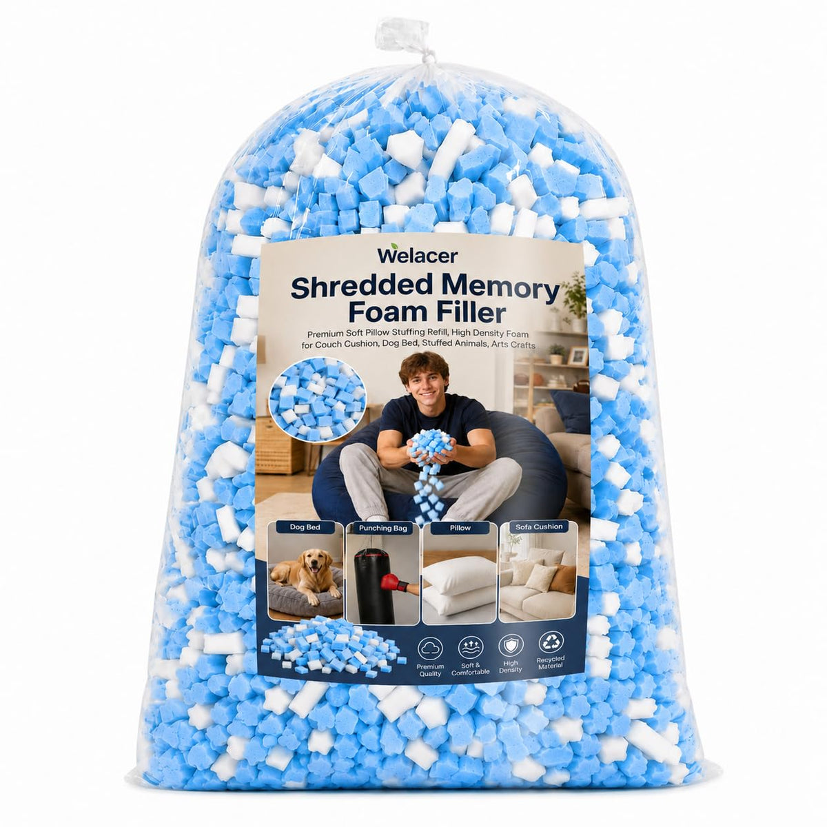 Welacer Blue White Shredded Memory Foam 2.2KG, Bean Bag Chair Refill