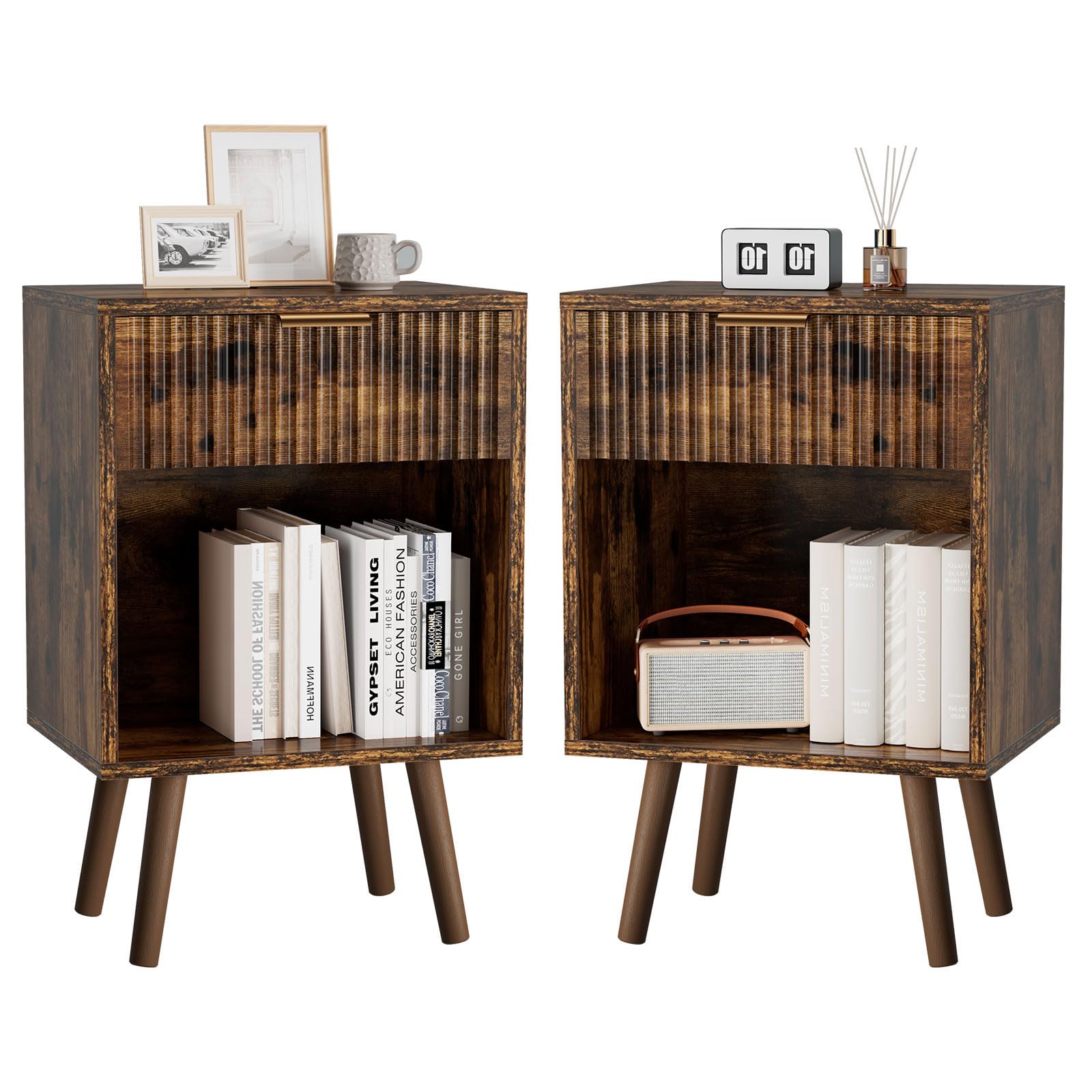 YMYNY Mid Century Modern Nightstand Set of 2, Side Table with Fluted Drawer, Open Shelf Unit, Golden Handle, Solid Wood Legs, Bedside Table