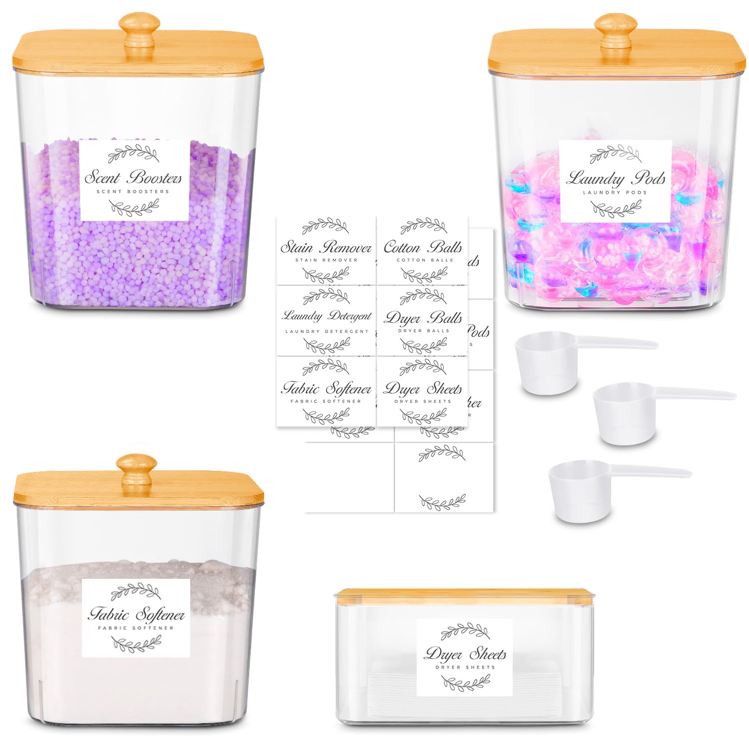 efluky Set of 4 Laundry Pods Containers, Laundry Detergent Storage with Lid, Multi-Purpose Detergent Box with 16 Stickers and 3 Scoops for Laundry