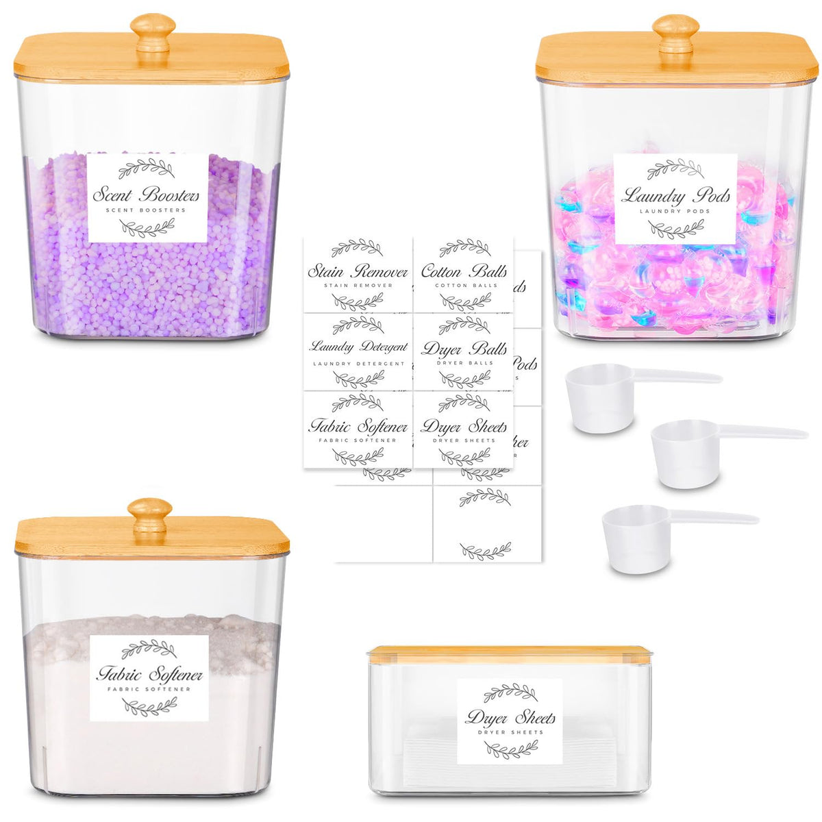 efluky Set of 4 Laundry Pods Containers, Laundry Detergent Storage with Lid, Multi-Purpose Detergent Box with 16 Stickers and 3 Scoops for Laundry