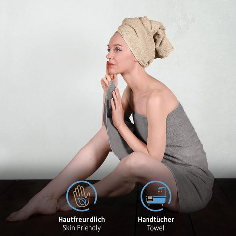 Komfortec Set of 8 Hand Towels 50 x 100 cm 100% Cotton Terry Towelling Soft Anthracite Grey/Beige