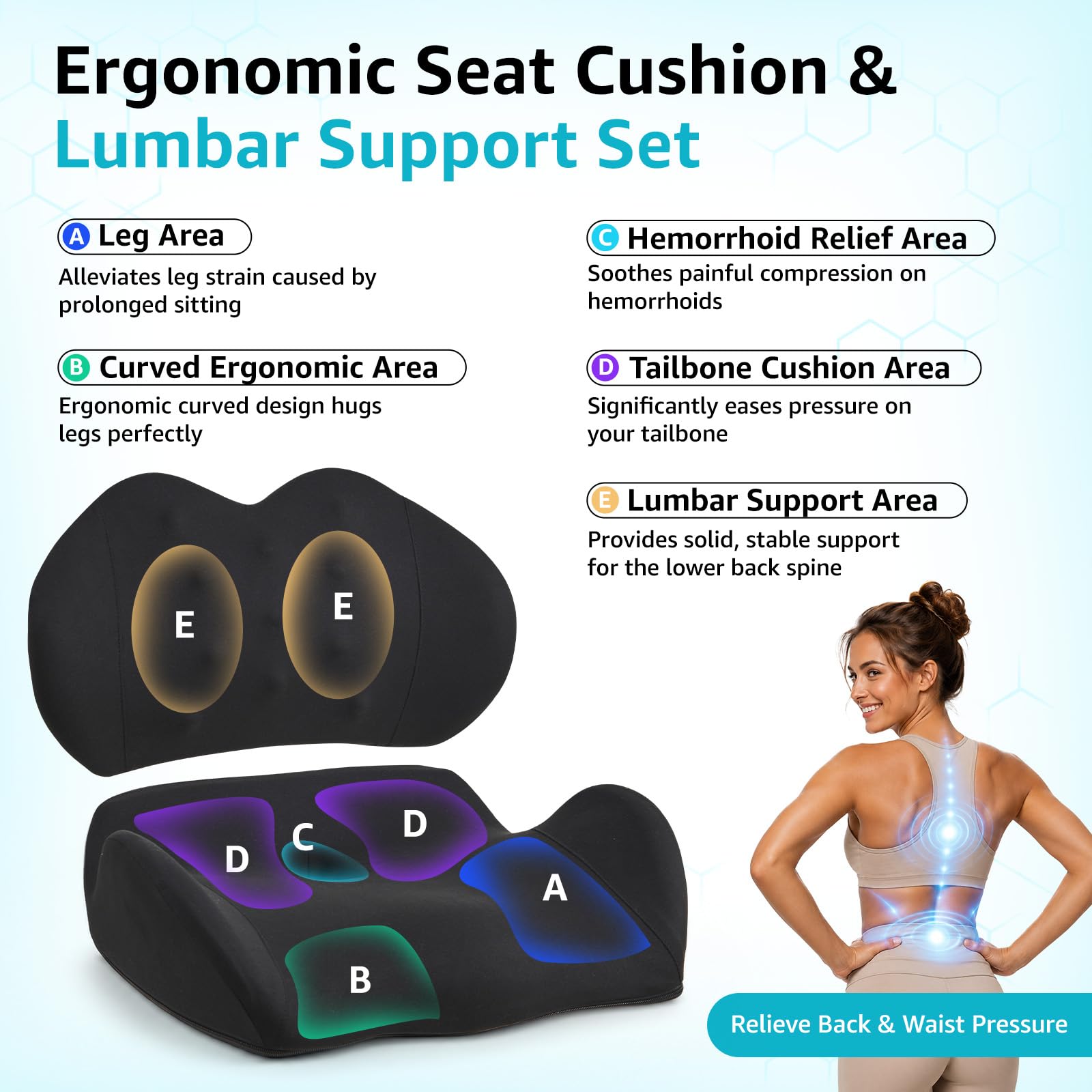 BRO Ergonomic Memory Foam Coccyx Cushion and Lumbar Support Cushion