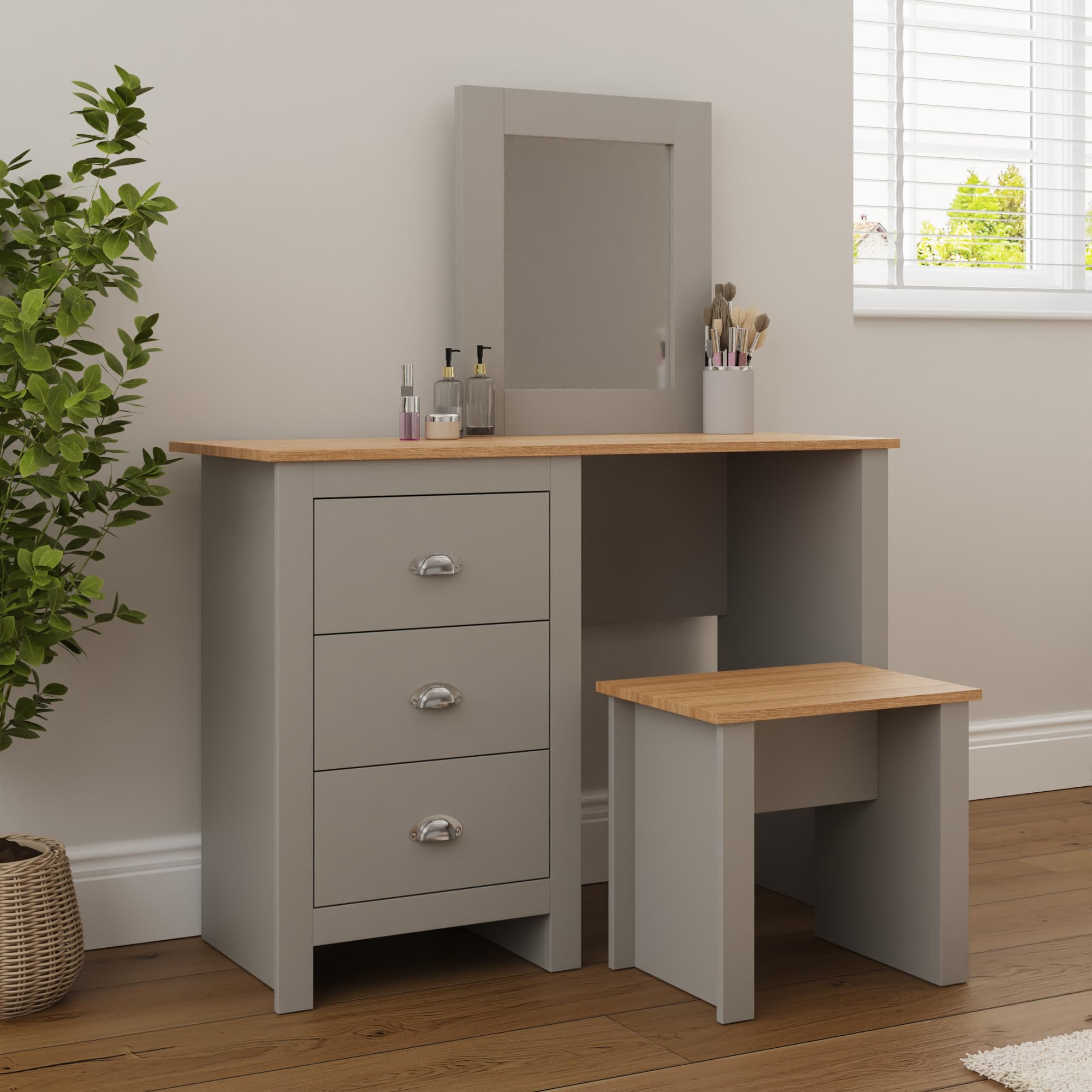GFW Lancaster Dressing Table Set, Grey and Oak Effect Vanity Table with Mirror, Stool and 3 Drawers, Country Cottage Bedroom Furniture