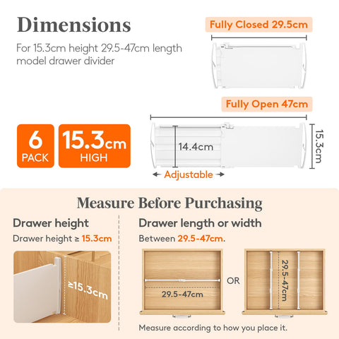 Lifewit 6 Pack 6" High Drawer Dividers 30-47cm/11.5-18.5" Adjustable Drawer Dividers for Clothes, Expandable Kitchen Drawer Dividers Organisers