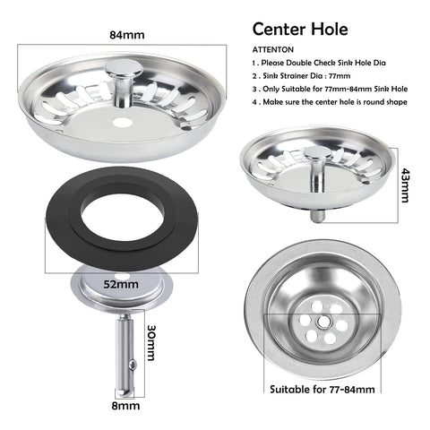 1 PC 84mm Kitchen Sink Plugs, Stainless Steel Kitchen Sink Strainer Plug Waste Stopper Sink Strainer Replacement Sink Plug Basket Strainer Sink Drain