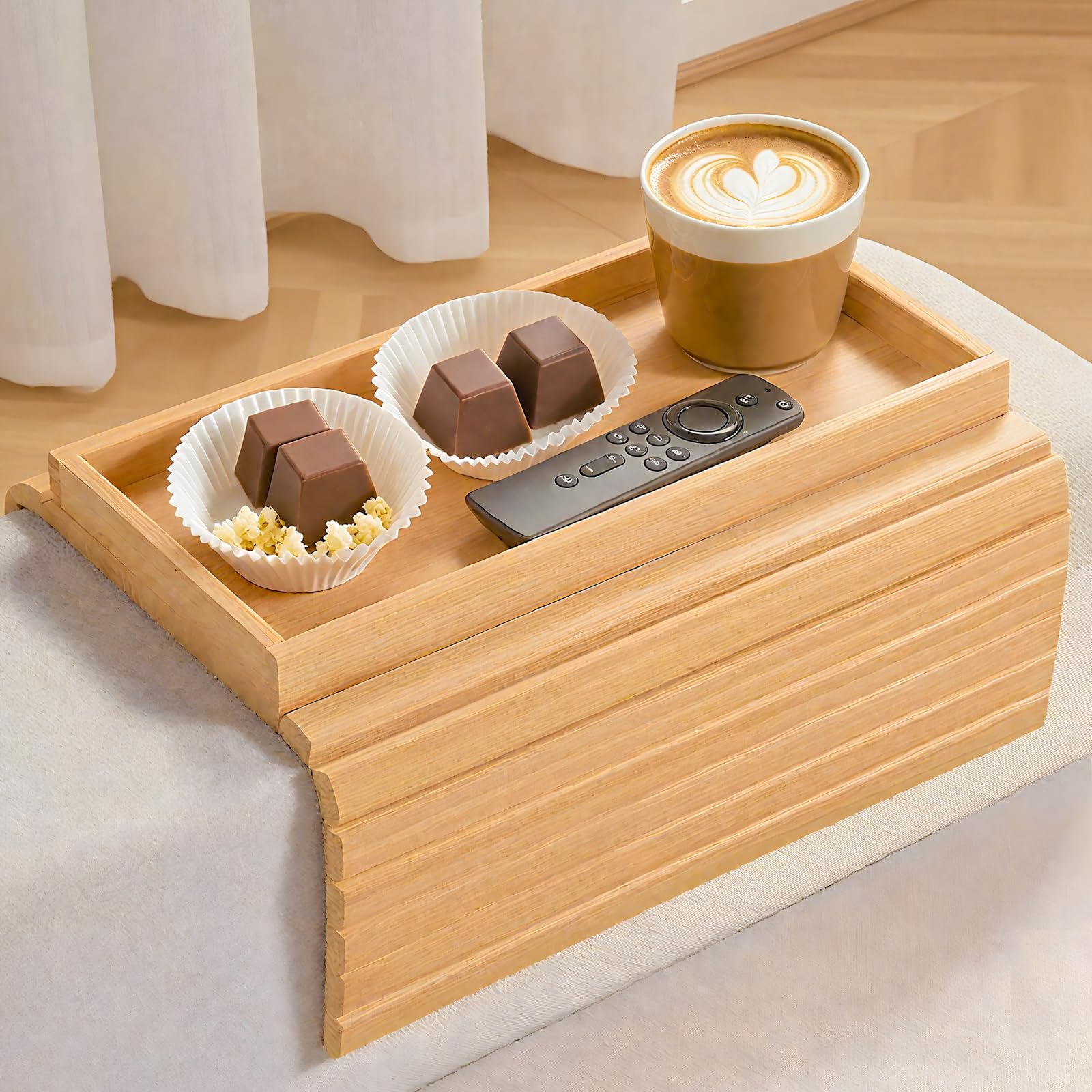 ULIKEUS Bamboo Sofa Arm Tray Foldable Couch Cup Holder Anti-Slip Armrest Organizer Sofa Side Table for Control, Drink, Snacks, Cups