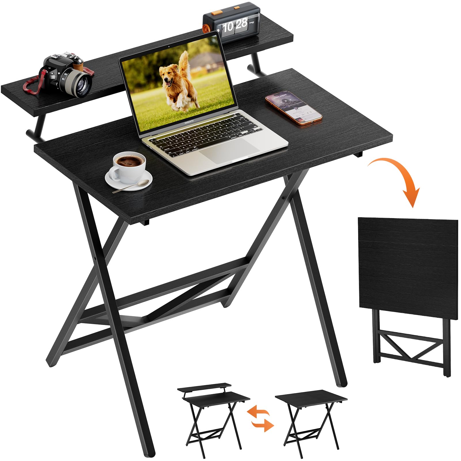 WOHOMO Folding Table with Monitor Stand, Foldable Computer Desk, Black