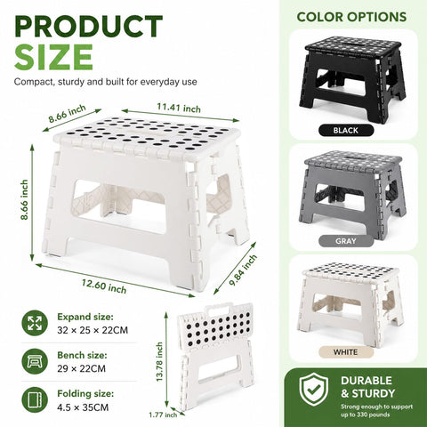 MASS DYNAMIC 9 Inch Folding Step Stool, Portable Plastic Footstool with Carry Handle, Non-Slip Top, Compact Collapsible Seat for Kitchen, Bathroom