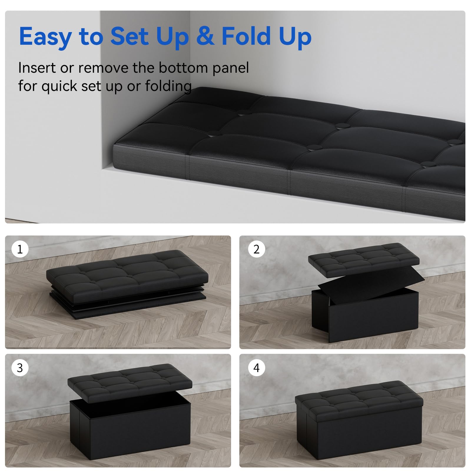 BRIAN & DANY Folding Ottoman Bench Storage Box with Lid, Large Storage Seat Faux Leather Footstool Toy Storage Box, Black, 80 x 40 x 40 cm