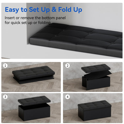 BRIAN & DANY Folding Ottoman Bench Storage Box with Lid, Large Storage Seat Faux Leather Footstool Toy Storage Box, Black, 80 x 40 x 40 cm