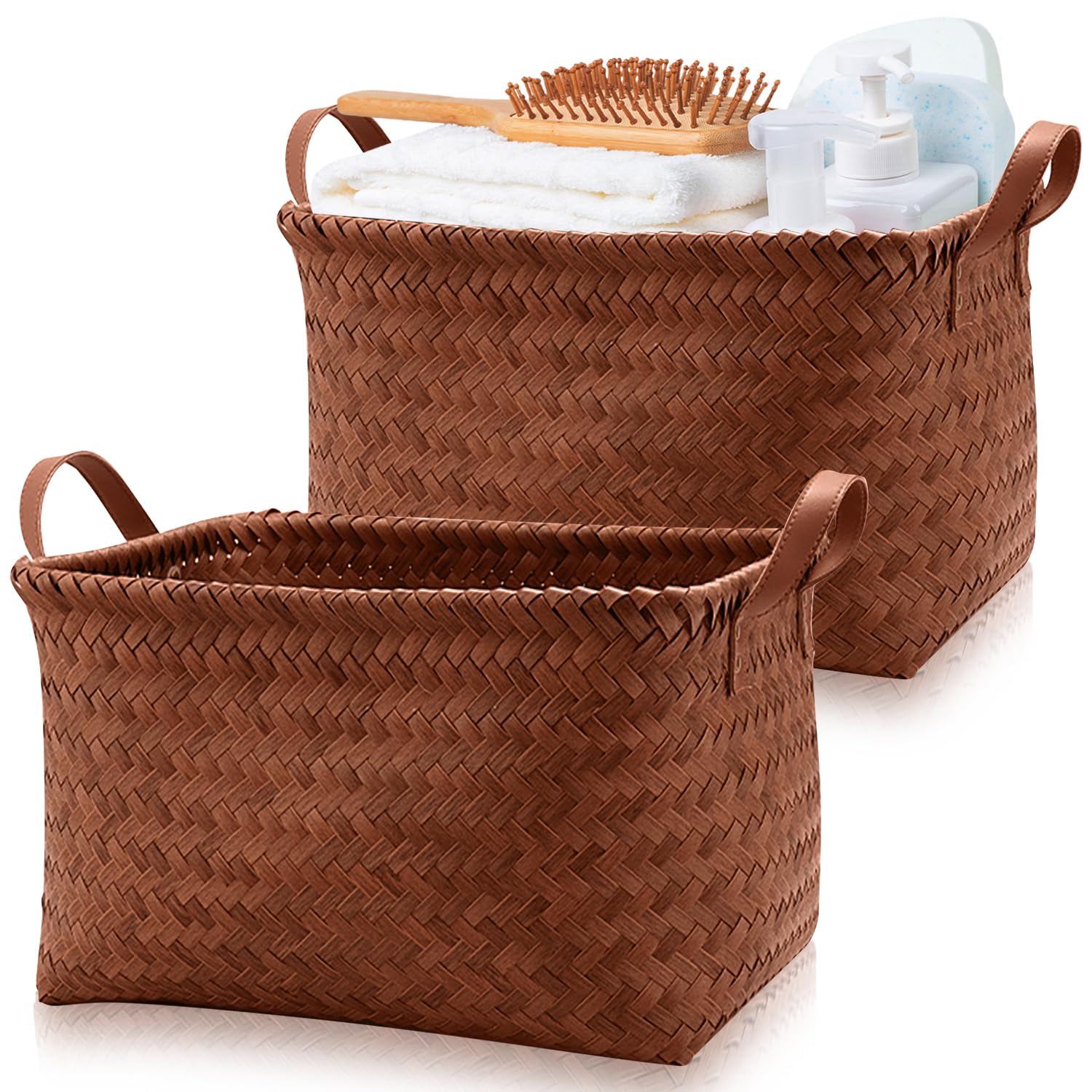 Lighterday 2 Pcs Wicker Storage Basket - Large Woven Basket With Handle for Shelves, Faux Rattan Seagrass Box Organizer for Home Office