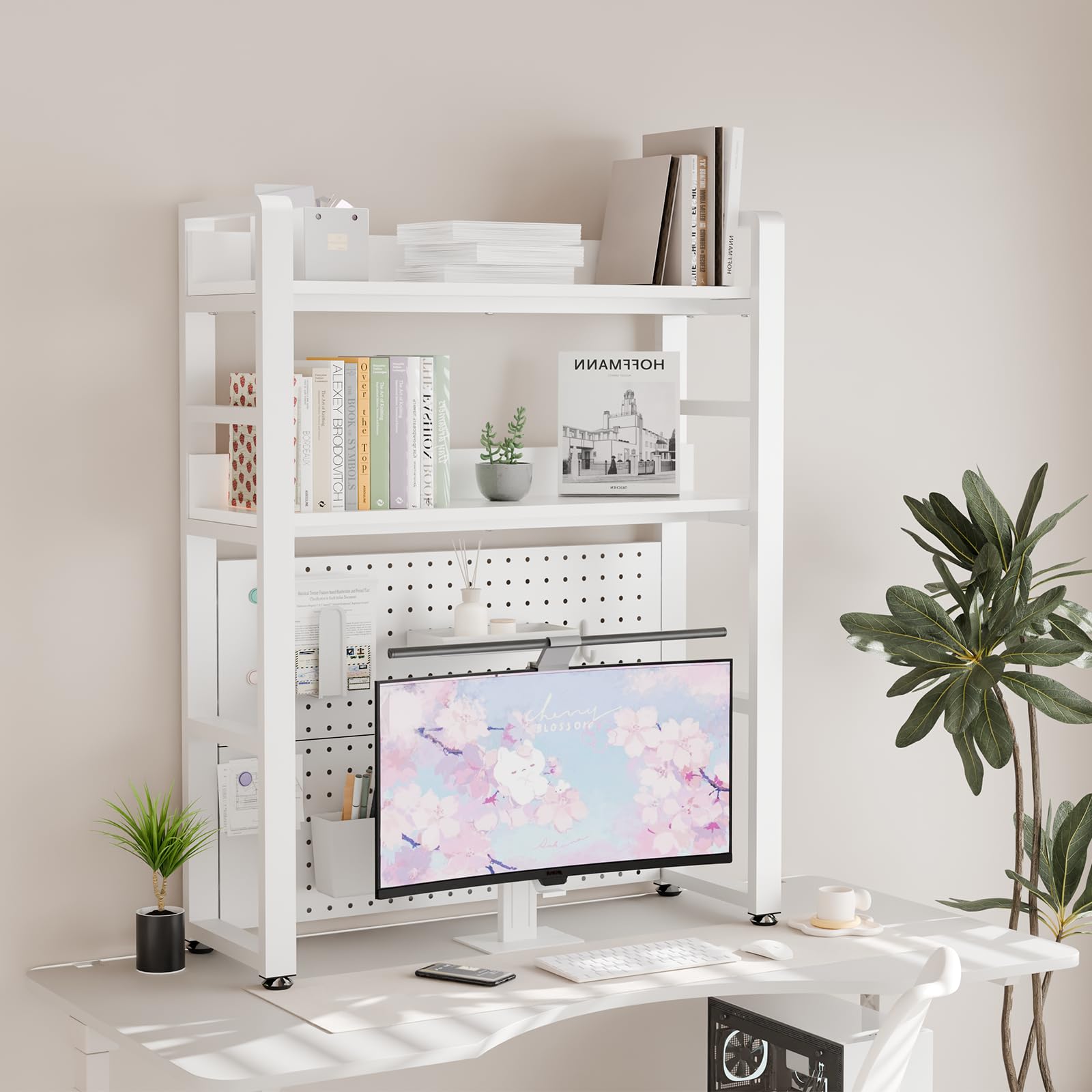 Boltmol 2-Tier Desk Shelf With Concealed Screws Design,White 75CM, Desktop Organizer With Pegboard, Countertop Storage Bookcase For Home