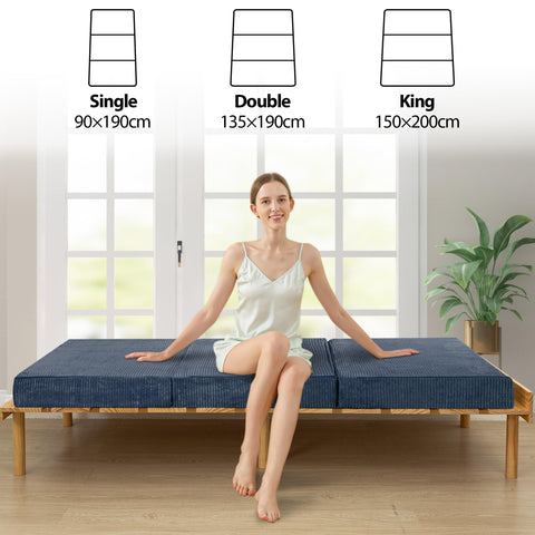 MAXYOYO Folding Corduroy Mattress, Tri Fold Floor Mattress 10cm thick with Washable Cover,Foldable in Three,Space-Saving for Guest (Bluestone, Double)