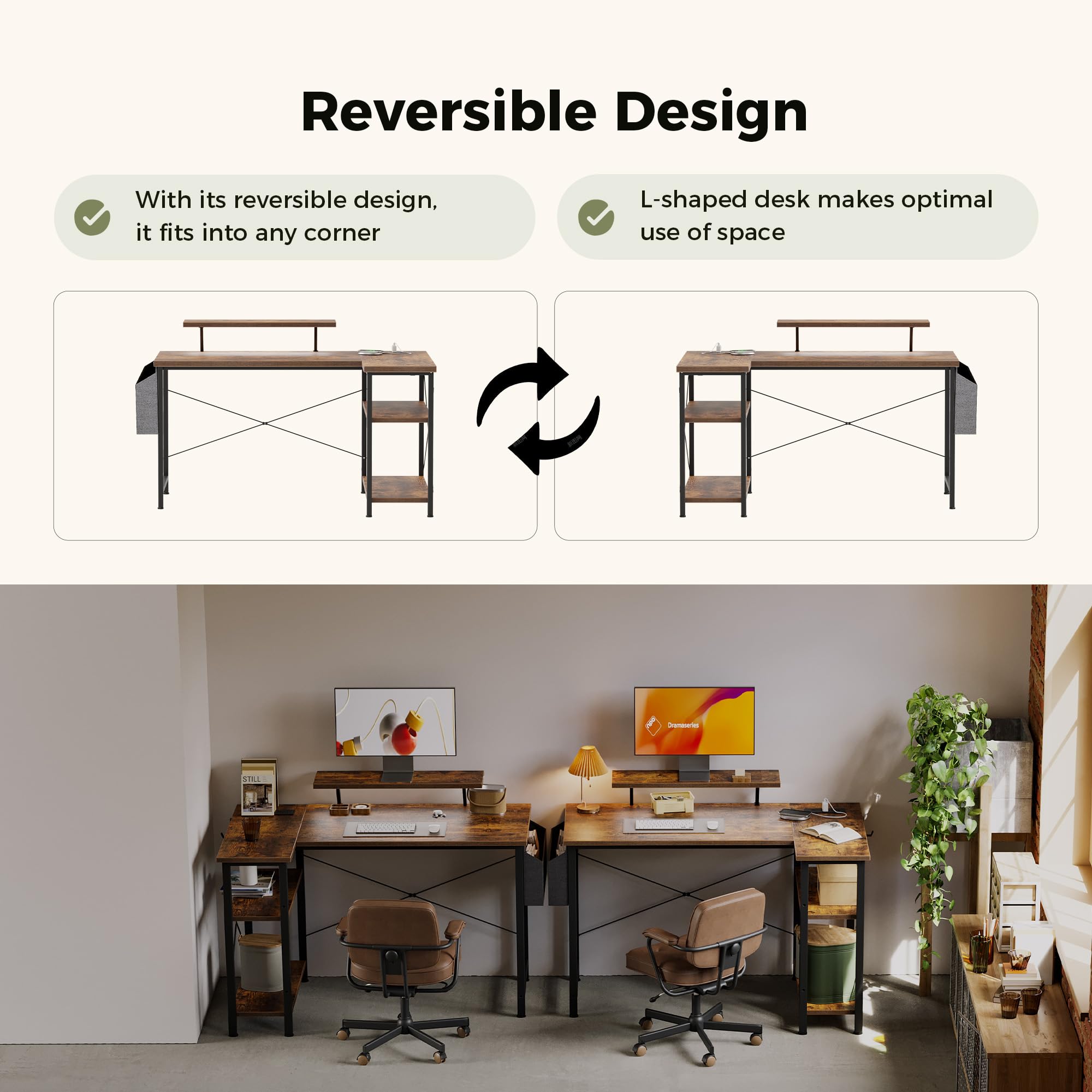 Mericonia Corner Desk, w. Monitorstand & Built-in Socket, 100x70cm, Brown