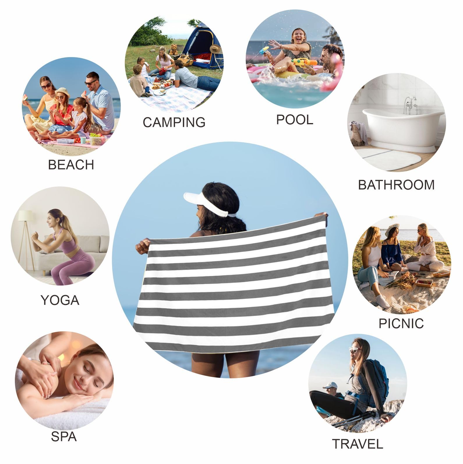 Large Quick Dry Microfibre Beach Towel 160x90cm, Double Sided Black & White Striped Lightweight Travel Towel with Carry Bag