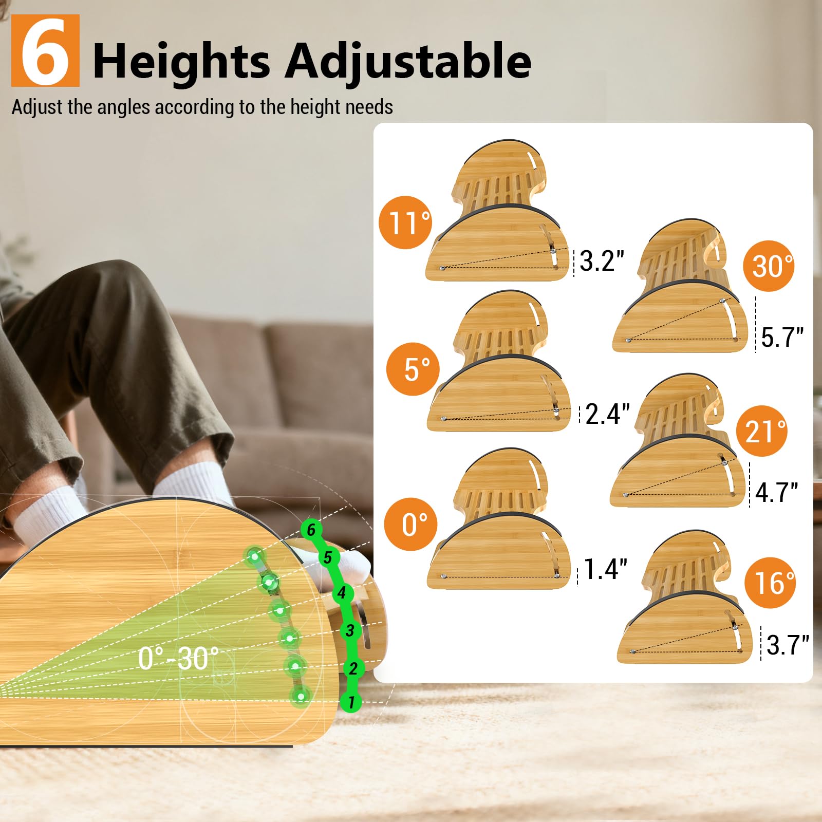 Under Desk Foot Rest,2-in-1 Adjustable Ergonomic Footrest for Office & Home,Bamboo Foot Stool with 6 Heights,Rocking & Flat Modes-Anti-Slip