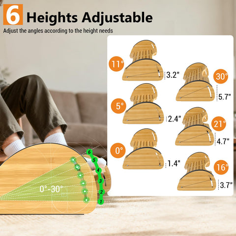 Under Desk Foot Rest,2-in-1 Adjustable Ergonomic Footrest for Office & Home,Bamboo Foot Stool with 6 Heights,Rocking & Flat Modes-Anti-Slip