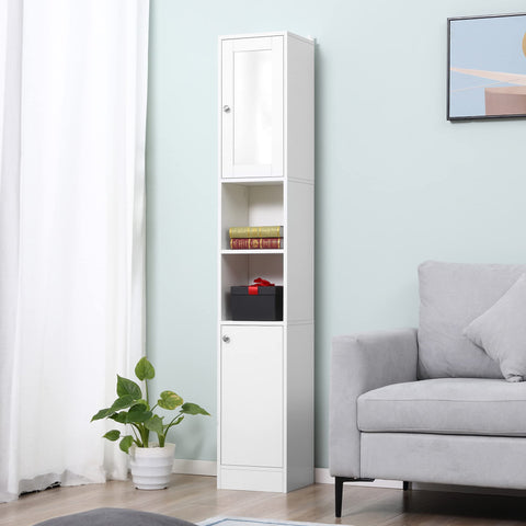 kleankin Tall Bathroom Storage Cabinet Mirrored Tallboy Cabinet White